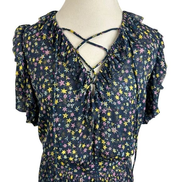 Zadig & Voltaire Blue Star Print Dress Chiffon Short Slvs Maxi Boho Size M - Picture 2 of 14